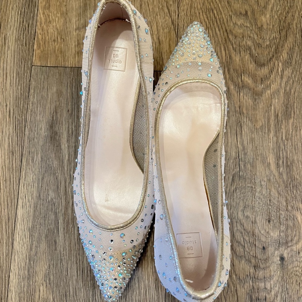 Elegant Beige Rhinestone Kitten Heels - Picture 9 of 9